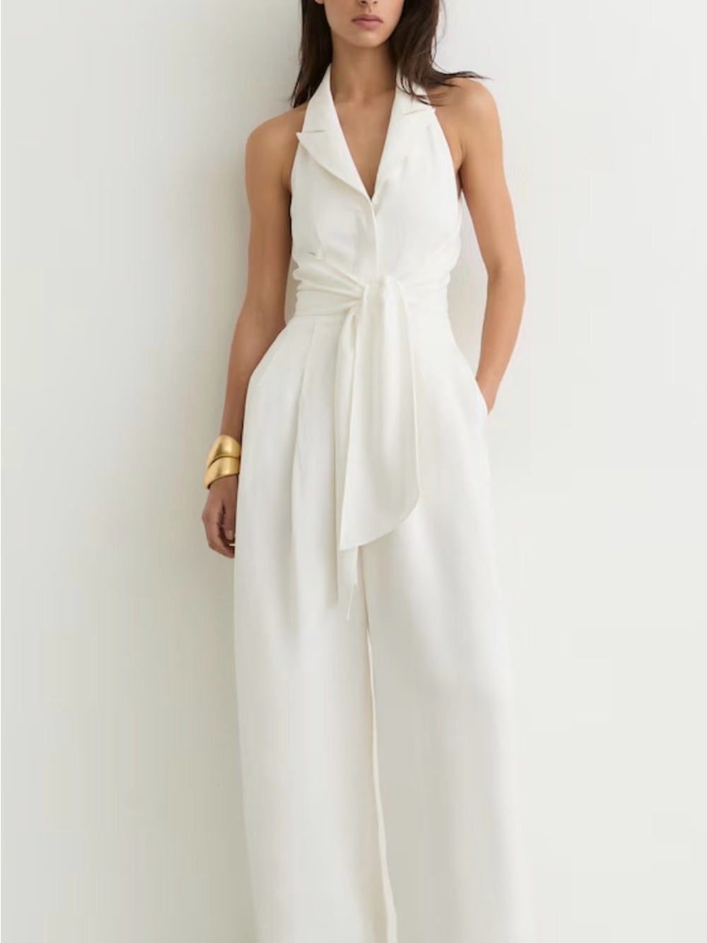 Reiss Tie-Front Wide-Leg Jumpsuit with Linen in Ivory Cream - Picture 5 of 8